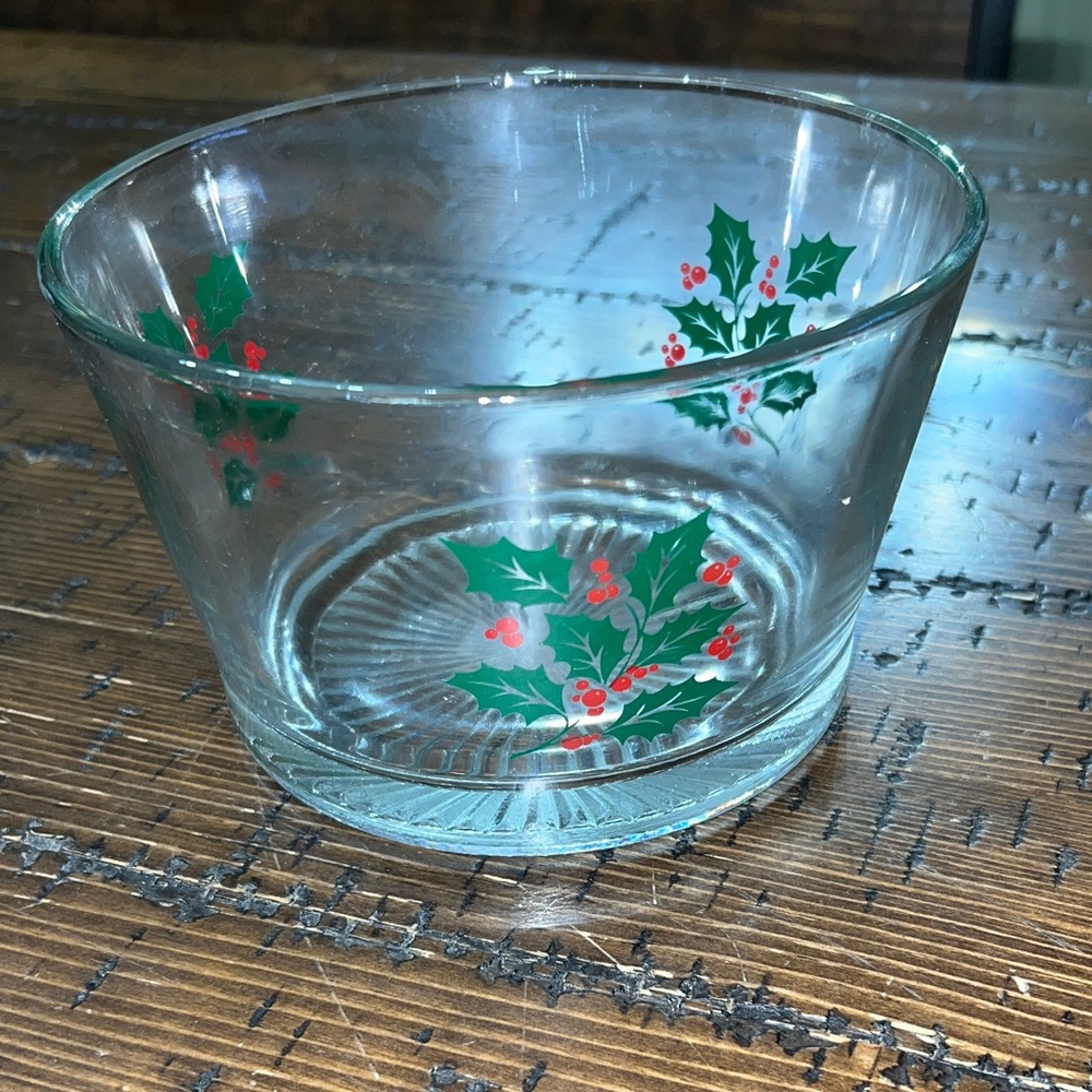 Festive Glass Bowl with Holly Accents